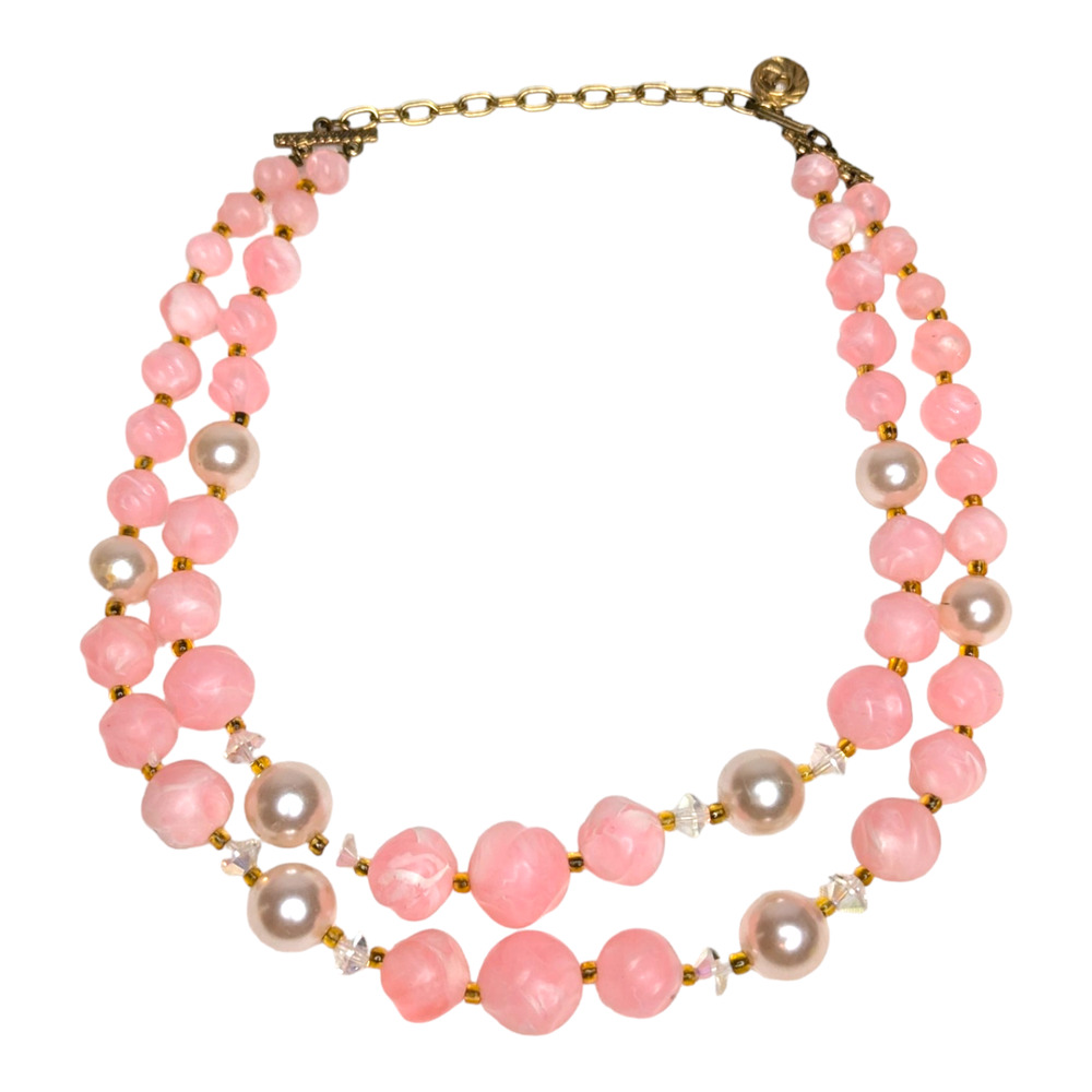Vintage Pink Marbled Bead Faux Pearl Double‎ Strand Statement Necklace Gold Tone